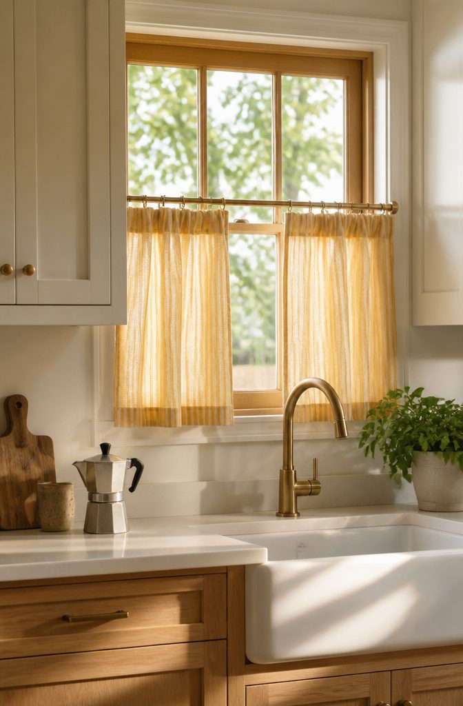 Anthropologie Cafe Curtains: 9 Styles for Kitchen Windows 2 Cotton Woven Stripe Café Curtains in yellow hanging in a bright kitchen.