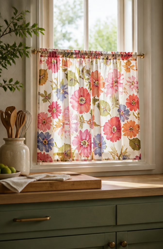 Anthropologie Cafe Curtains: 9 Styles for Kitchen Windows 10 Hattie Floral Printed Café Curtains with colorful floral patterns in a kitchen.