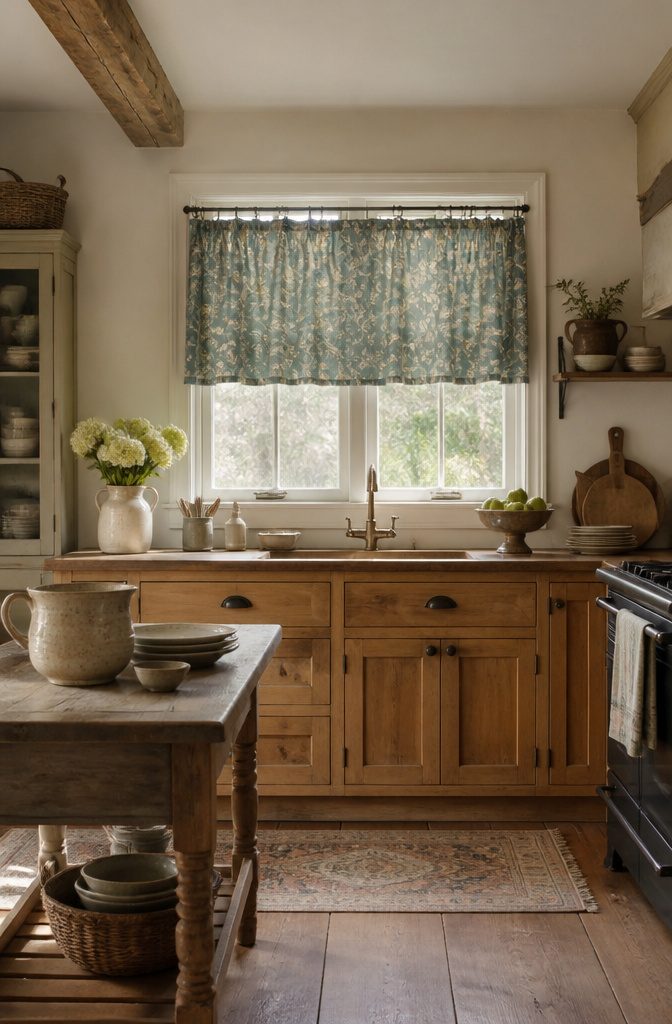 Anthropologie Cafe Curtains: 9 Styles for Kitchen Windows 7 Hyacinth William Morris-Style Café Curtains with a floral design in a kitchen.