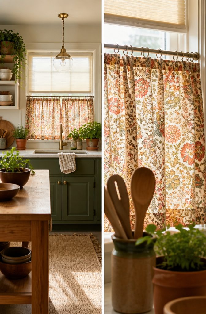Anthropologie Cafe Curtains: 9 Styles for Kitchen Windows 14 Layered café curtains and blinds in a kitchen window setup.