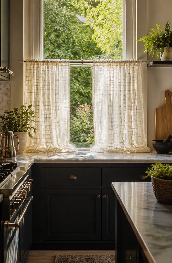 Anthropologie Cafe Curtains: 9 Styles for Kitchen Windows 6 Lena Sheer Woven Café Curtains in a kitchen overlooking a garden.