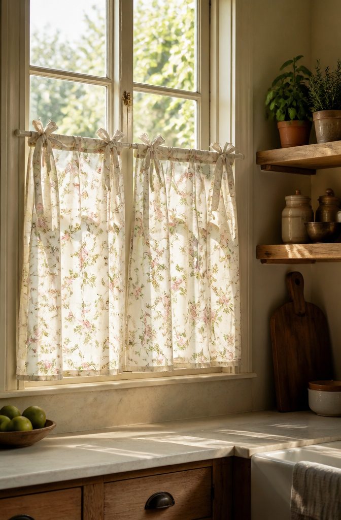 Anthropologie Cafe Curtains: 9 Styles for Kitchen Windows 5 Leora Tie-Top Floral Café Curtains with floral patterns in a sunny kitchen.