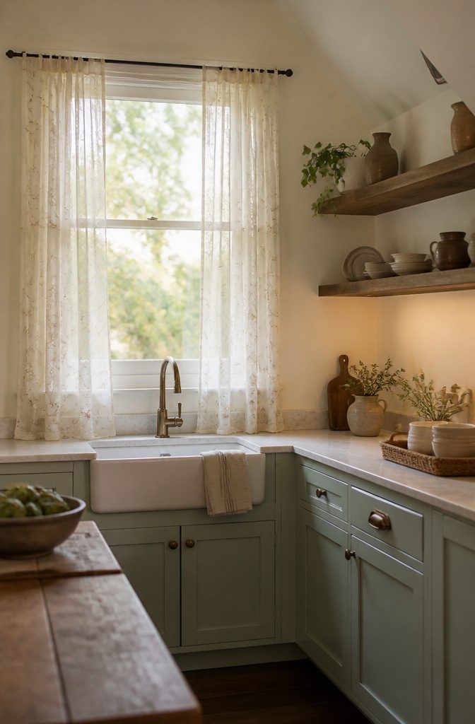 Anthropologie Cafe Curtains: 9 Styles for Kitchen Windows 9 Manette Embroidered Sheer Café Curtains with floral designs in a bright kitchen.