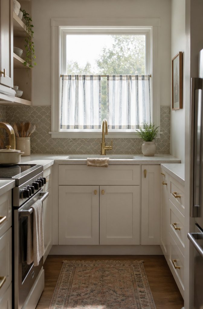 Anthropologie Cafe Curtains: 9 Styles for Kitchen Windows 3 Mindra Striped Cotton Café Curtains with a blue stripe in a quaint kitchen.