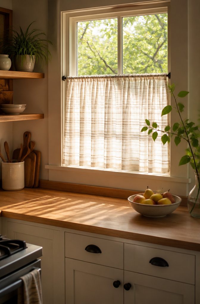 Anthropologie Cafe Curtains: 9 Styles for Kitchen Windows 13 Café curtains covering the lower half of a window in a ground-floor kitchen.