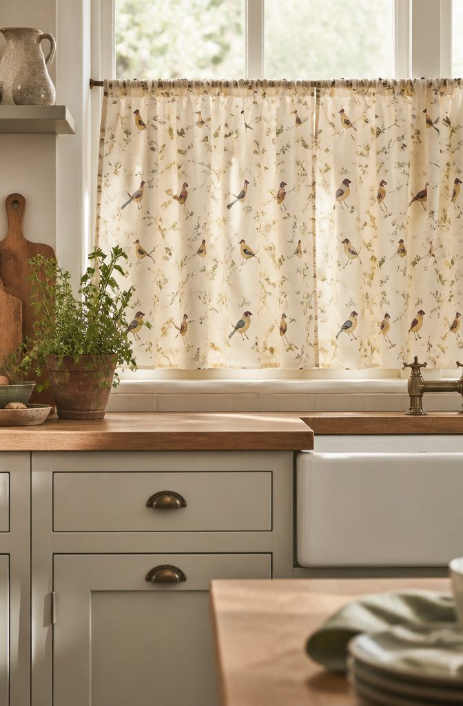 Anthropologie Cafe Curtains: 9 Styles for Kitchen Windows 4 Priyanka Bird Print Café Curtains with bird patterns in a kitchen.