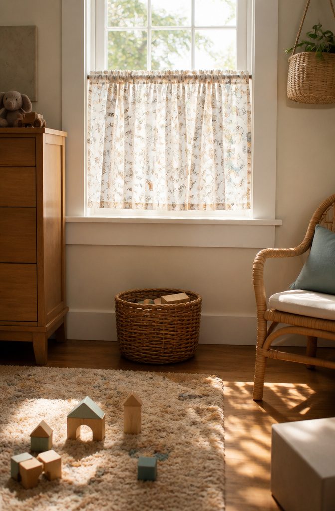 Anthropologie Cafe Curtains: 9 Styles for Kitchen Windows 8 Tales Menagerie Printed Café Curtain with animal patterns in a nursery.