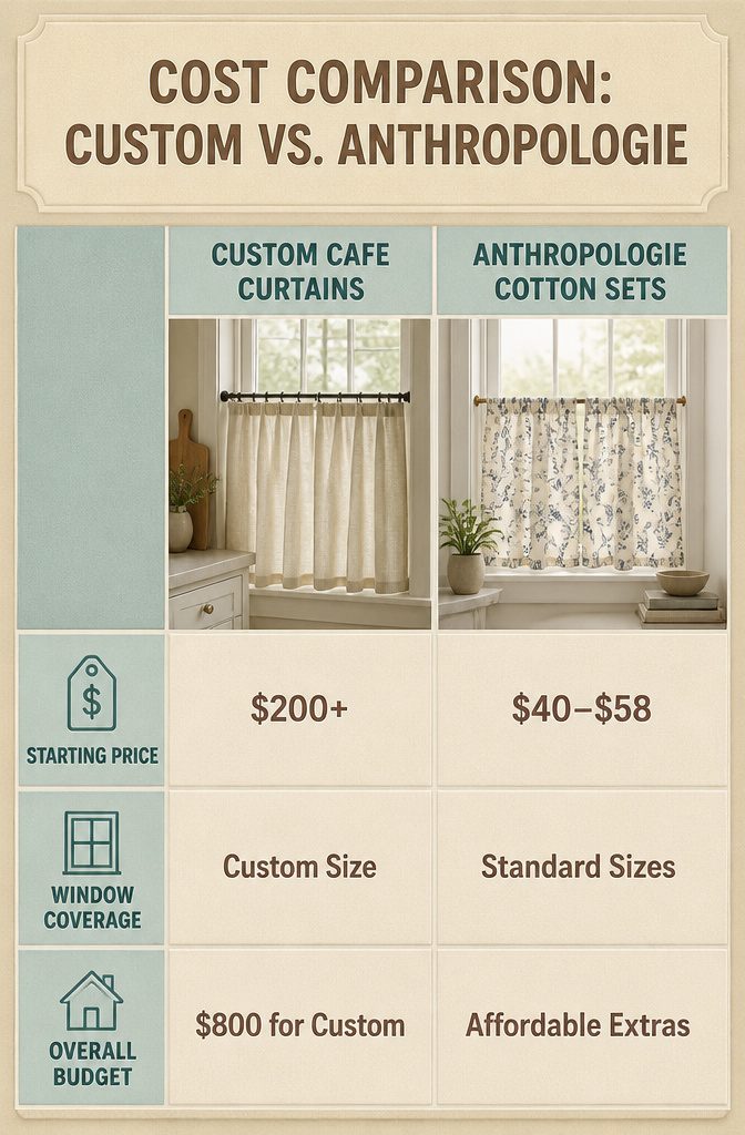 Anthropologie Cafe Curtains: 9 Styles for Kitchen Windows 11 Cost comparison chart between custom and Anthropologie café curtains.