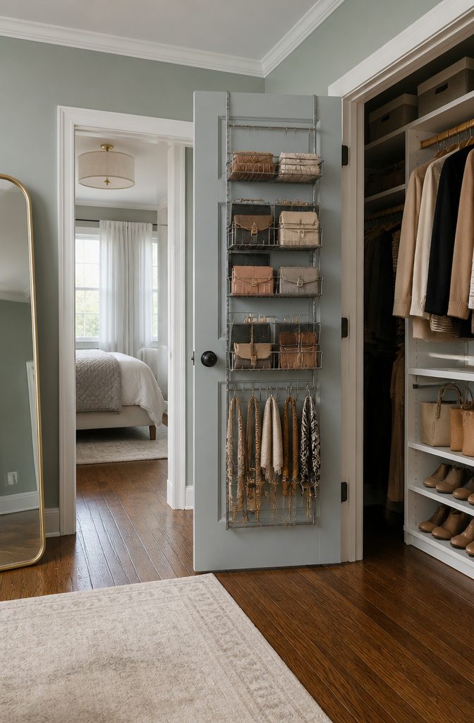An organizer hung on the back of a closet door holding accessories.