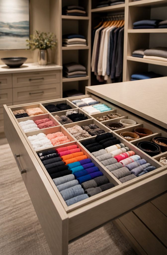 An open drawer with divided compartments holding socks and accessories.