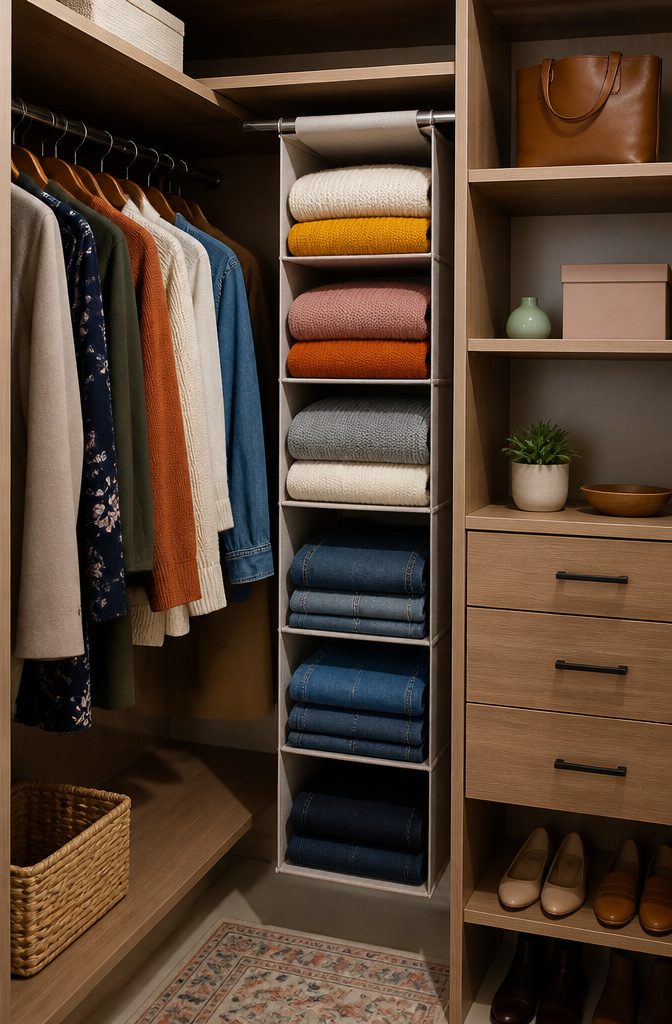 A hanging organizer filled with folded sweaters and jeans.