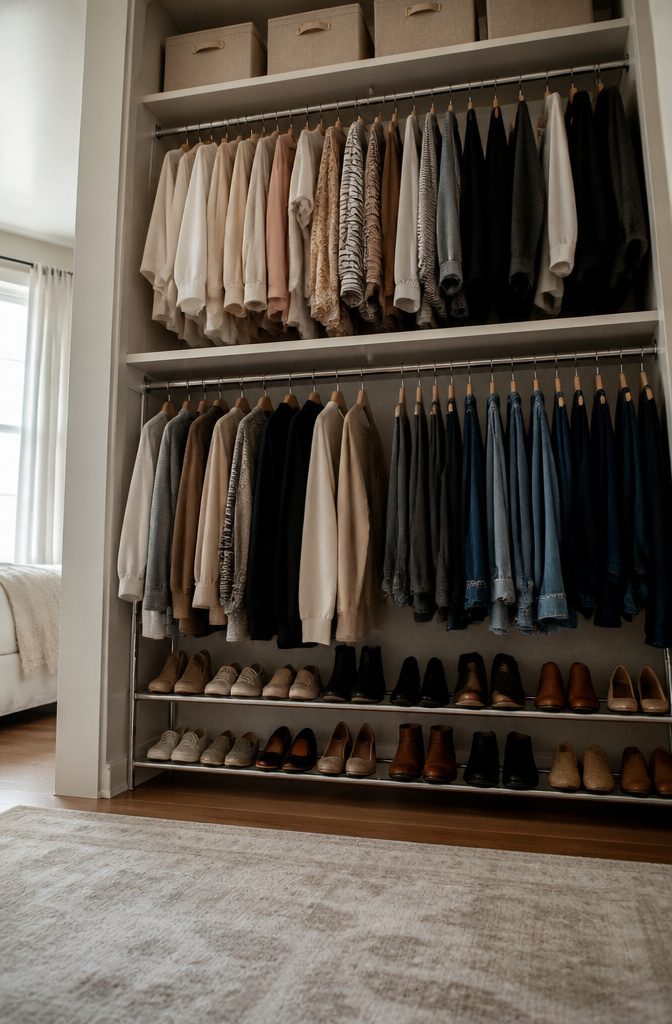 A high shelf installed in a closet for extra storage.
