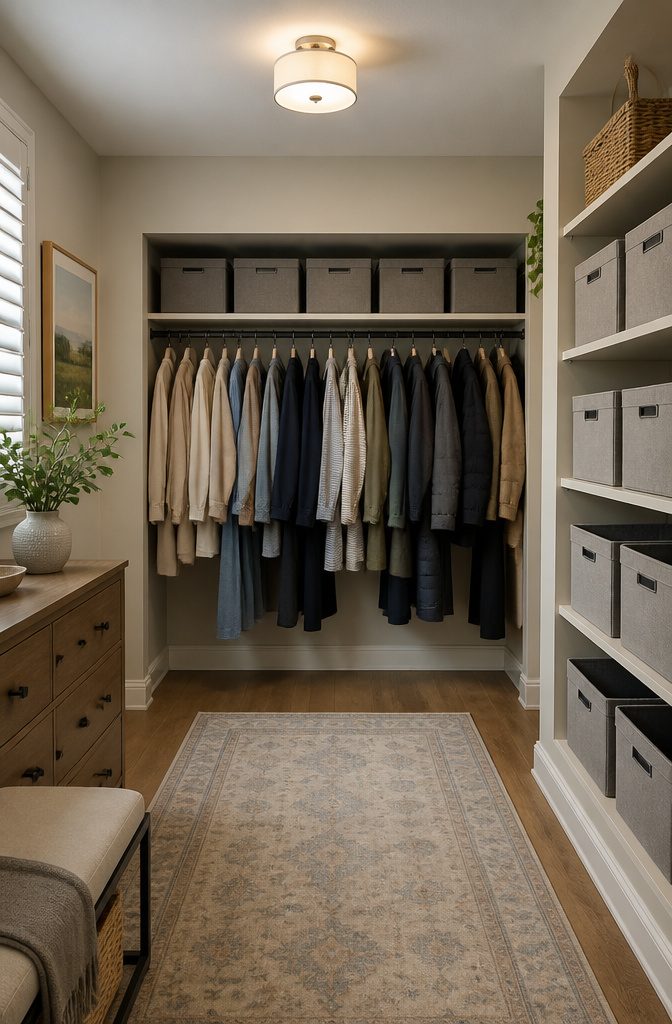 Labeled zippered boxes on a top shelf for seasonal storage.
