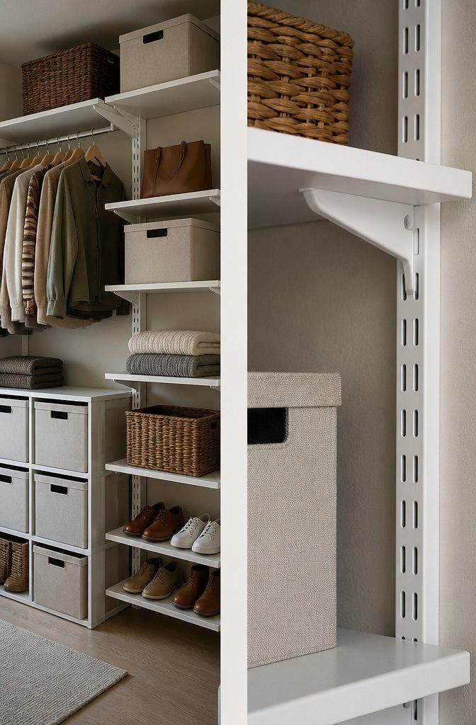 Shelf pins and bracket standards for adjustable closet shelving.