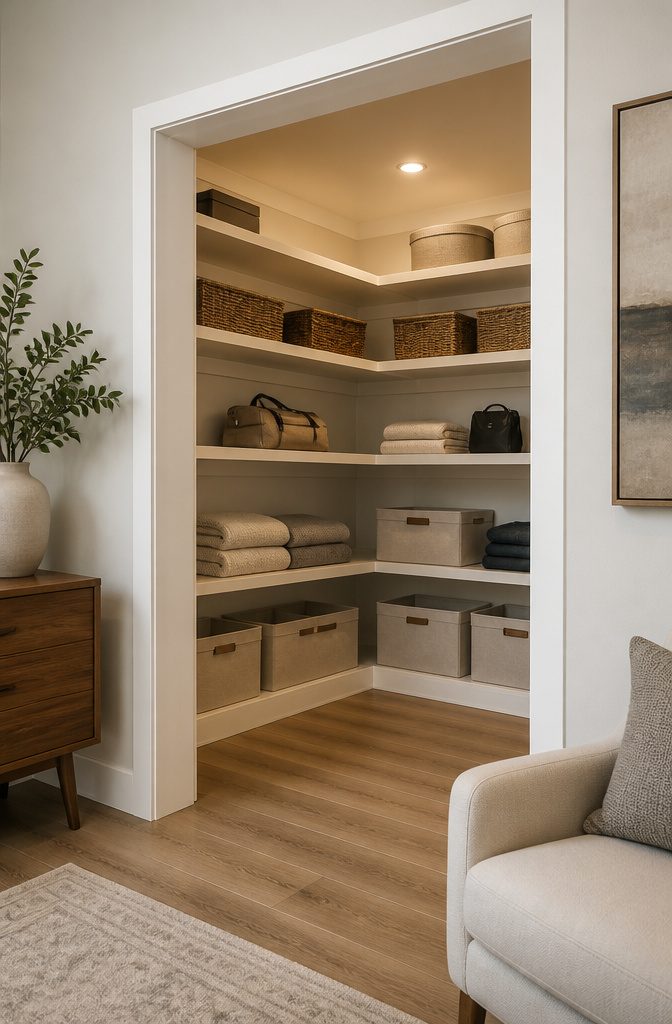 Built-in shelves with router-cut interlocks in a closet.