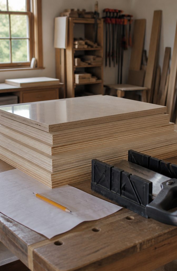 Stacks of cut MDF and plywood pieces for shelf construction.