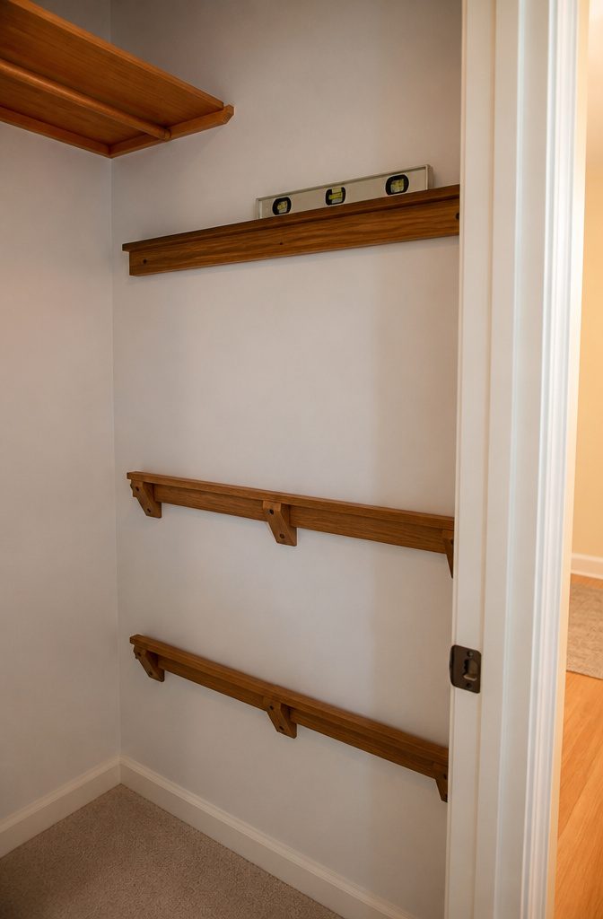 Support brackets attached to the closet wall for shelf support.