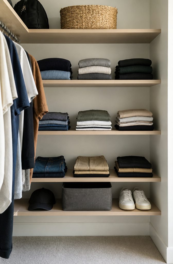 MDF shelves displaying folded T-shirts in a closet.