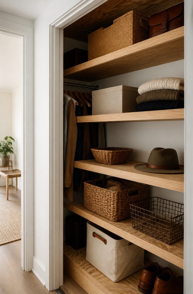 Plywood shelves filled with storage boxes and accessories.