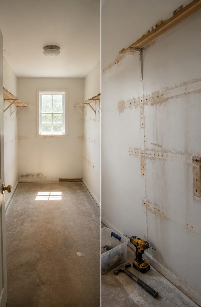 A closet with empty walls after removing old shelves.