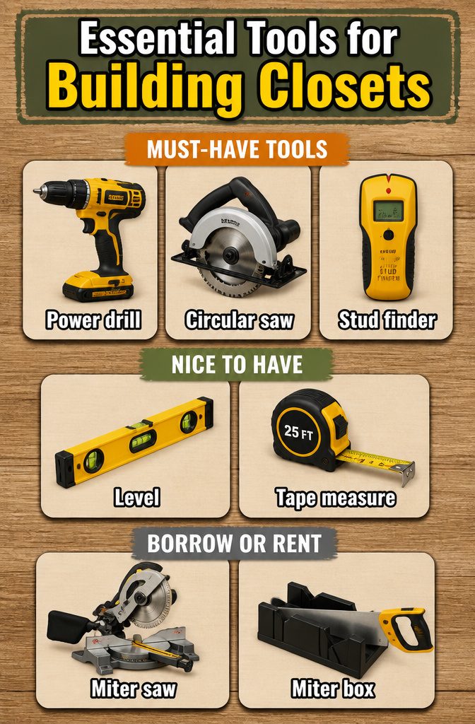 A collection of tools needed for DIY closet shelving.