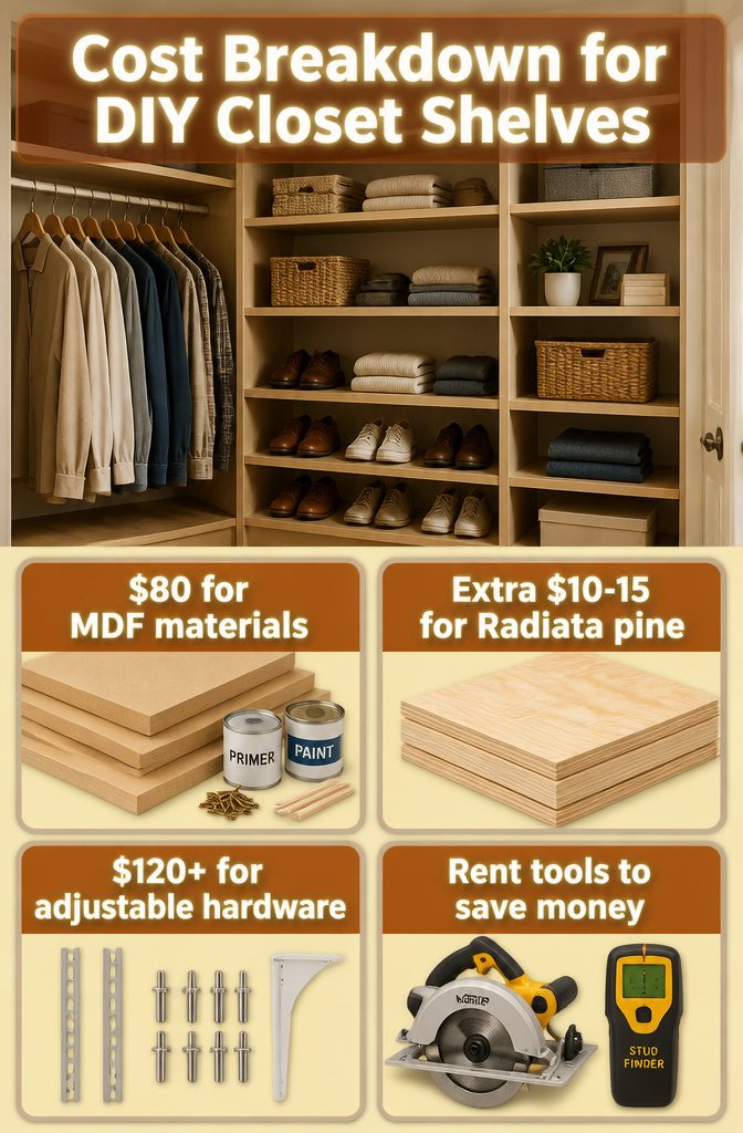 A cost breakdown image for DIY closet shelving materials.