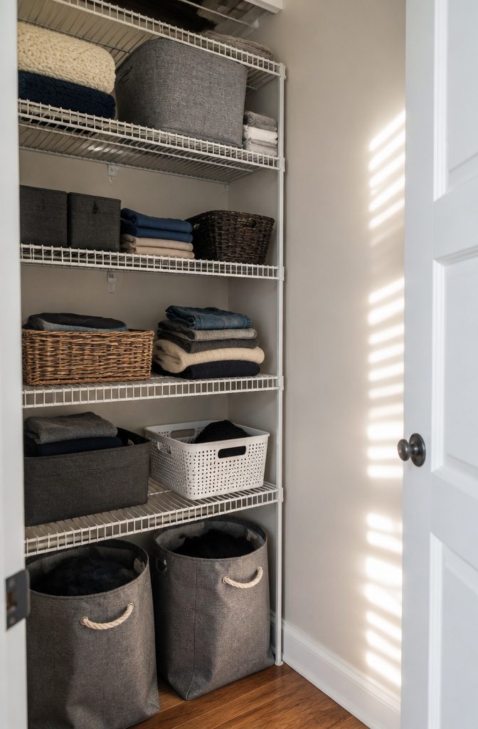 Wire shelving filled with bins and folded clothing in a closet.