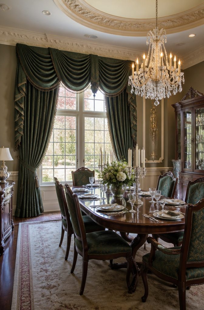 Drapes for Living Room: 6 Styles to Know Before You Buy 7 Fishtail swags in deep green fabric cascading over a large window.
