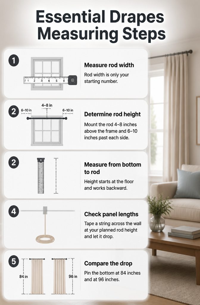 Drapes for Living Room: 6 Styles to Know Before You Buy 11 A guide showing essential steps for measuring drapes.