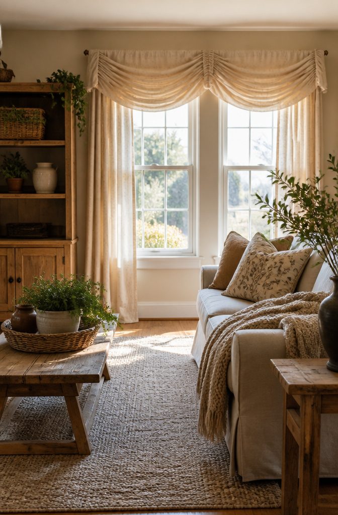 Drapes for Living Room: 6 Styles to Know Before You Buy 6 Casual prairie gathered swags hanging above tall windows.