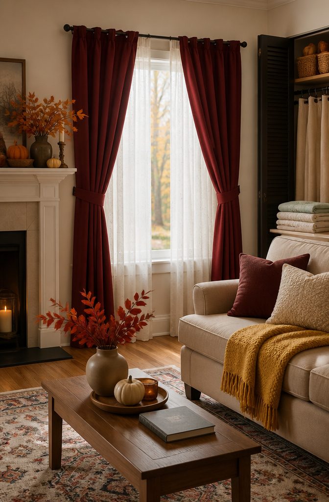 Drapes for Living Room: 6 Styles to Know Before You Buy 12 Rich burgundy drapes with sheer white curtains for fall.
