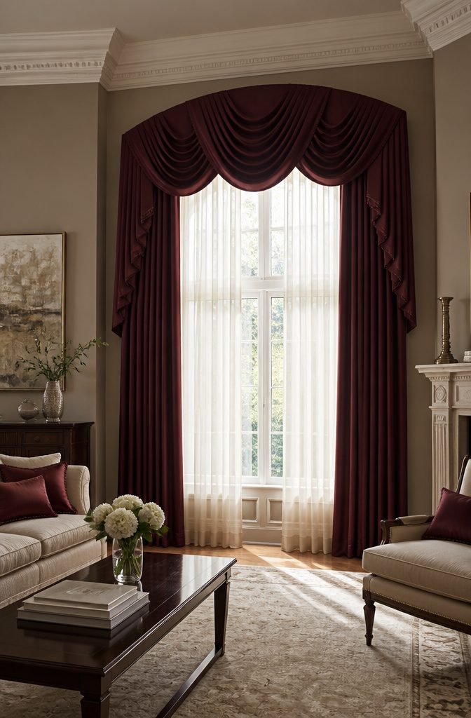 Drapes for Living Room: 6 Styles to Know Before You Buy 4 Burgundy swags with jabots hanging over a large window.