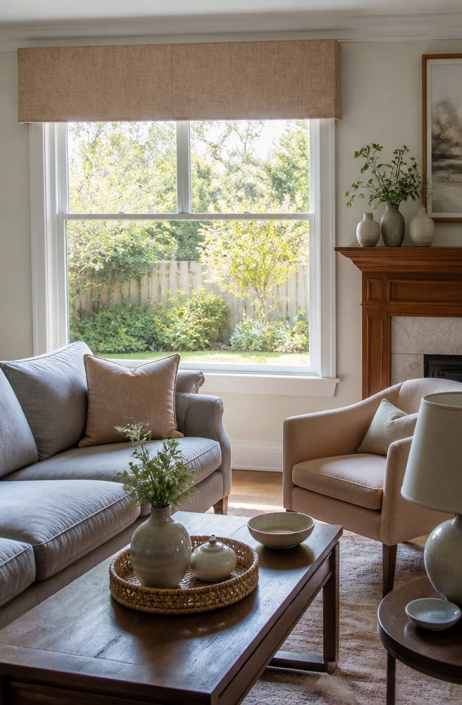 Drapes for Living Room: 6 Styles to Know Before You Buy 3 A soft beige valance covering hardware above a large window.