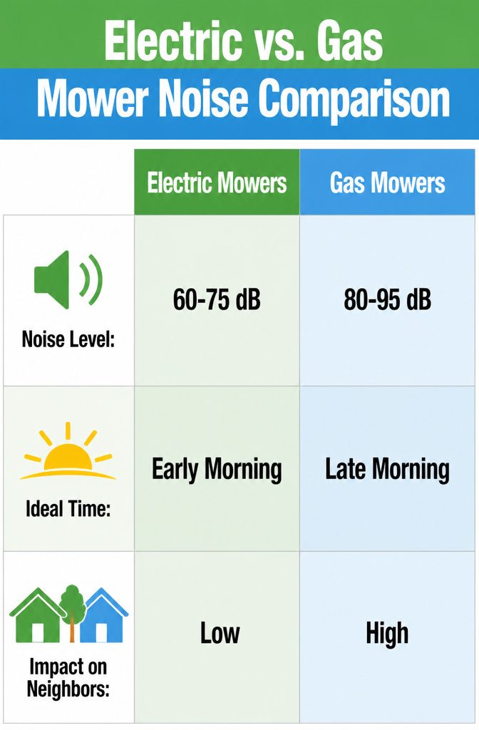 Graphic comparing noise levels of electric and gas mowers.