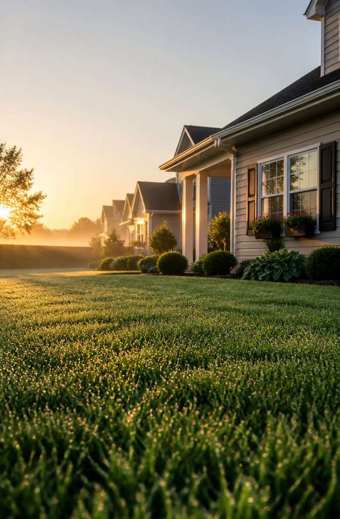 Suburban lawn with dew-covered grass and houses in the background at sunrise.