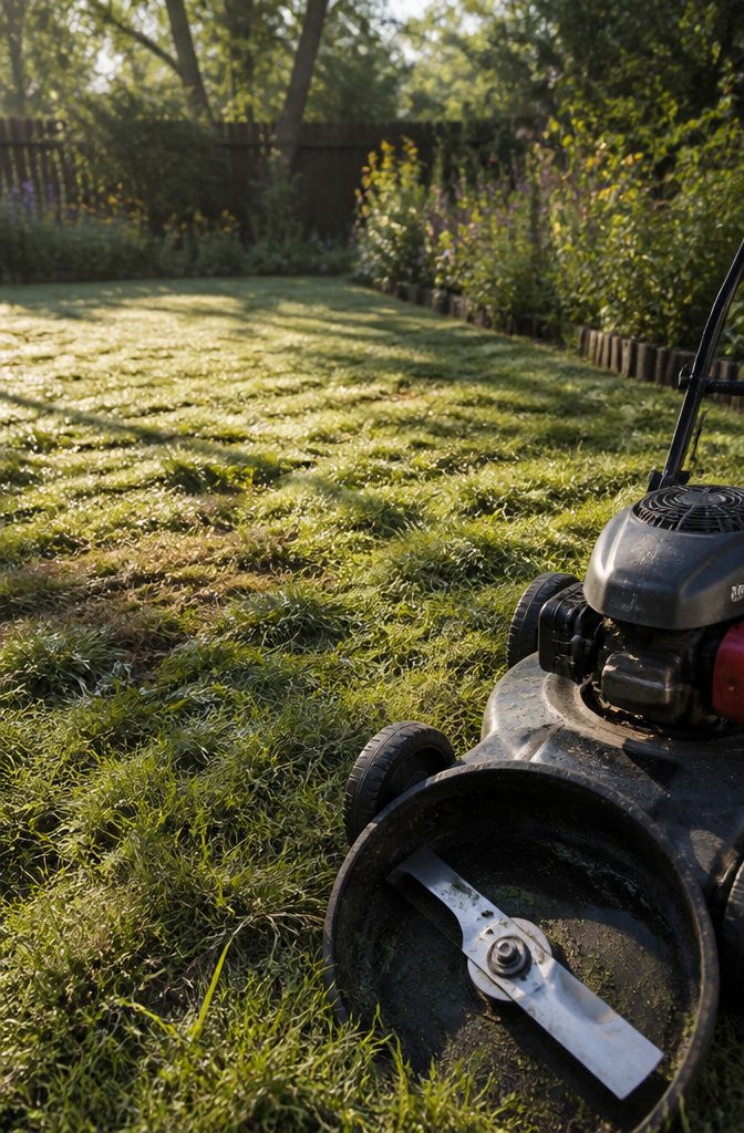 Lawn in mid-morning with dew evaporating and a lawnmower in the frame.