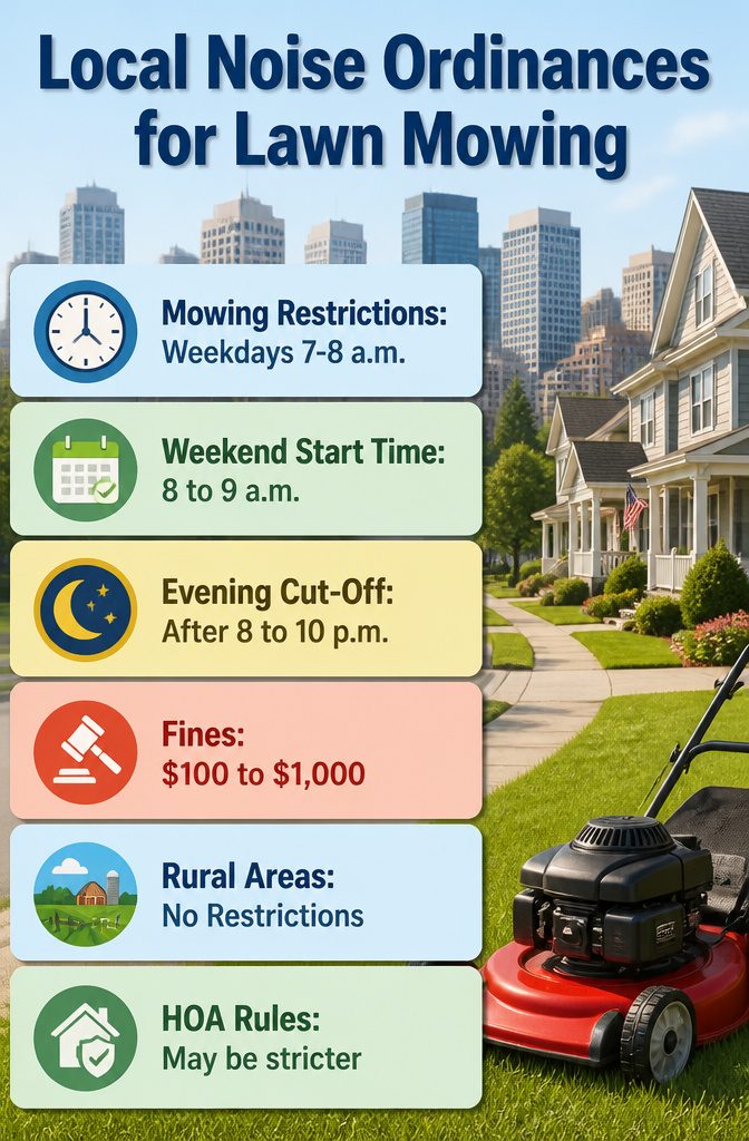 Graphic showing local noise ordinances for lawn mowing times.