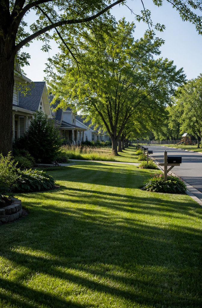 Lawn in a suburban area with houses and early morning light.