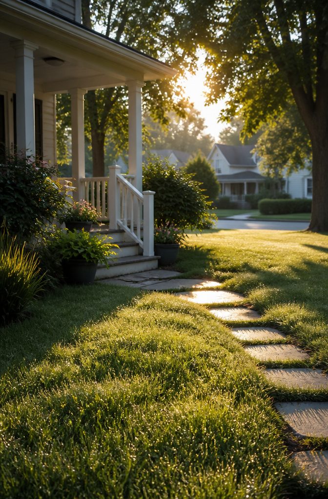 Tranquil suburban street with well-kept lawns in early morning light.