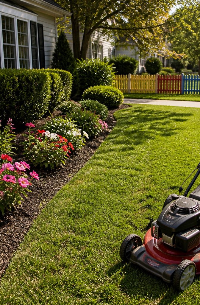 Well-kept yard with flower beds and a sign inviting neighborly engagement.