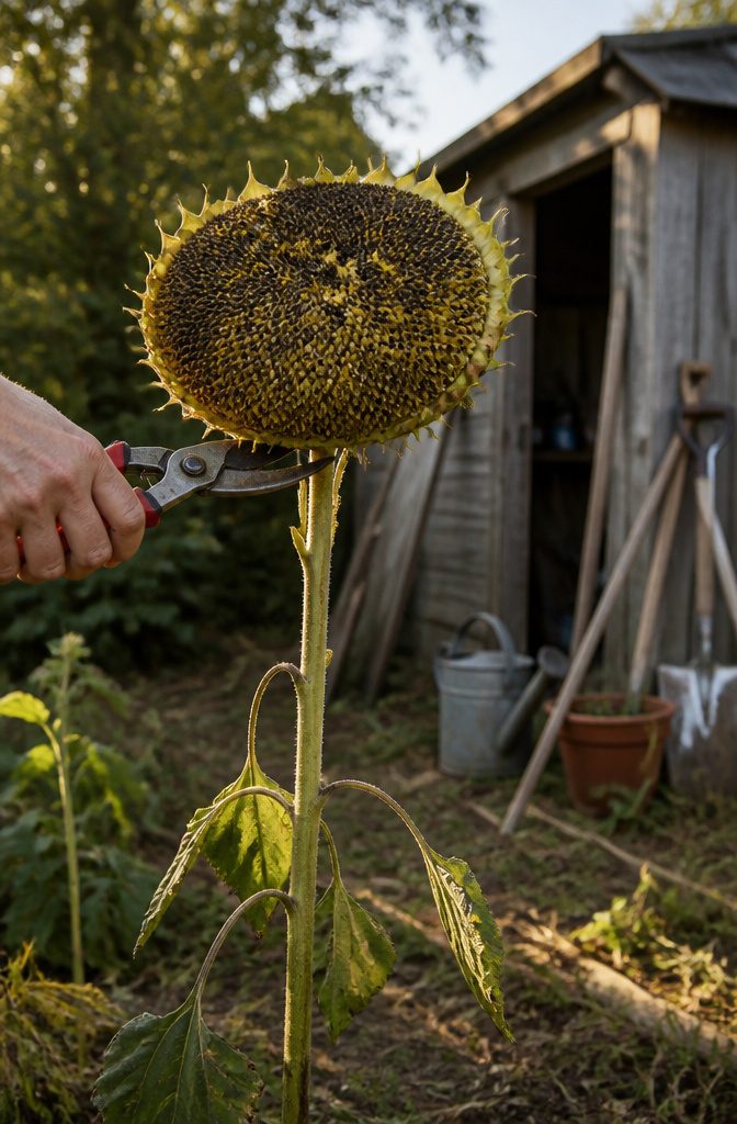 How to Harvest Sunflower Seeds: 6 Steps for 2026 3 A close-up of garden shears poised above a sunflower head for cutting.