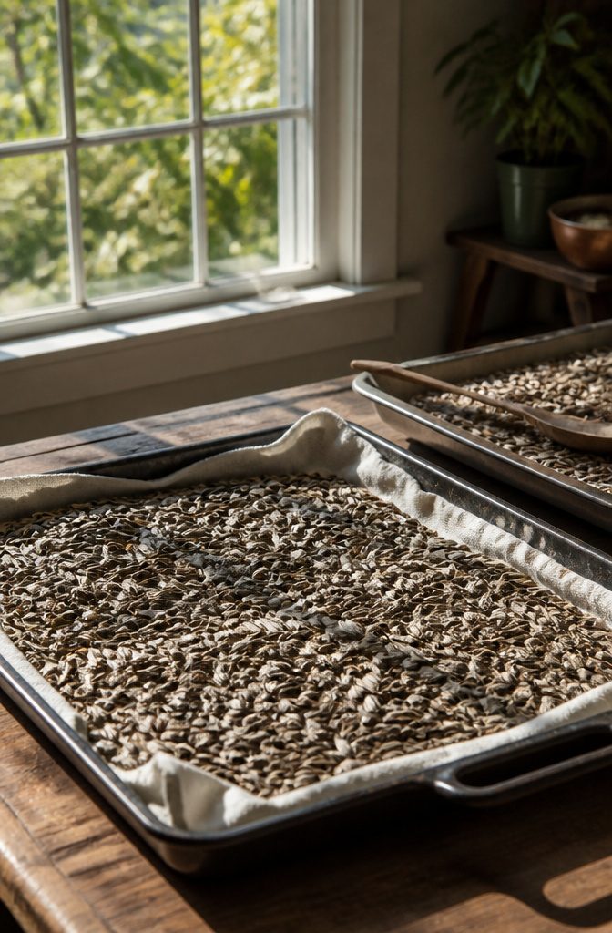 How to Harvest Sunflower Seeds: 6 Steps for 2026 6 A tray with sunflower seeds arranged in a single layer to dry.
