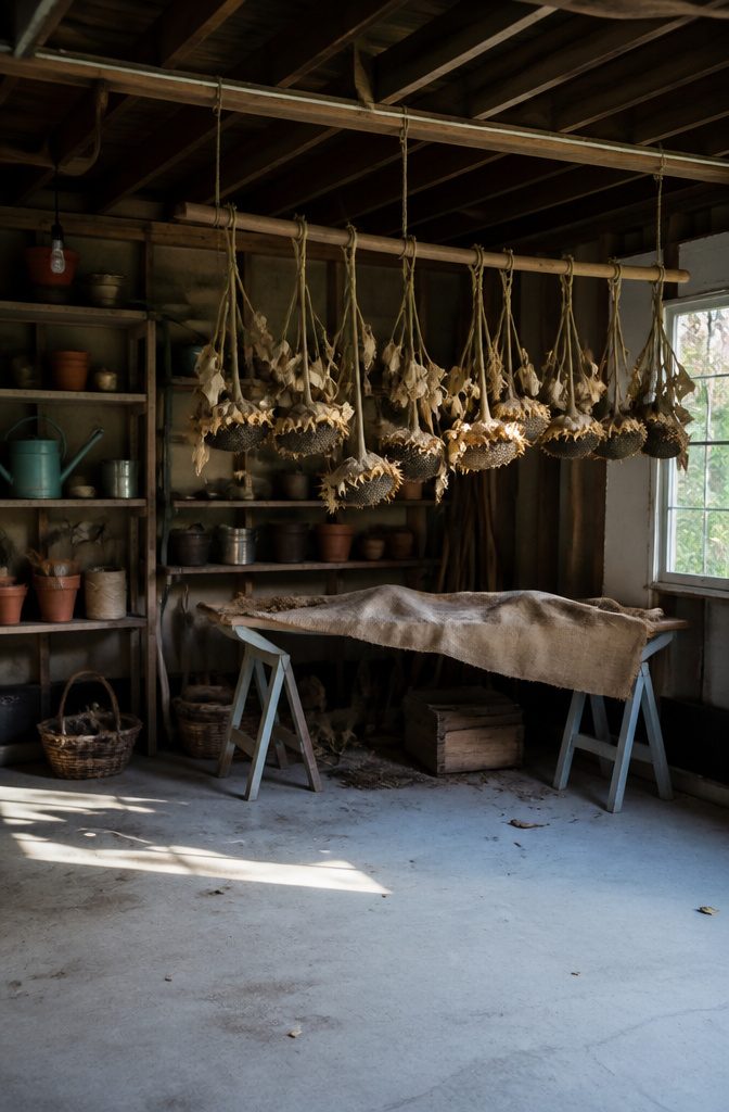How to Harvest Sunflower Seeds: 6 Steps for 2026 4 Sunflower heads tied and hanging upside down in a warm, dry area.