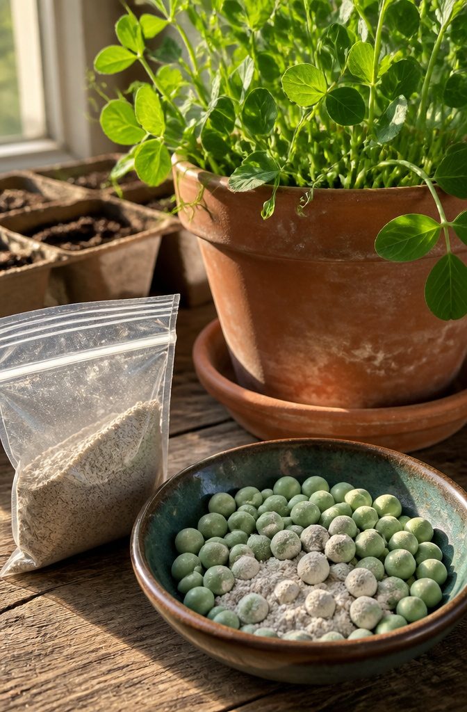 A bag of mycorrhizal inoculant beside pea seeds for planting.