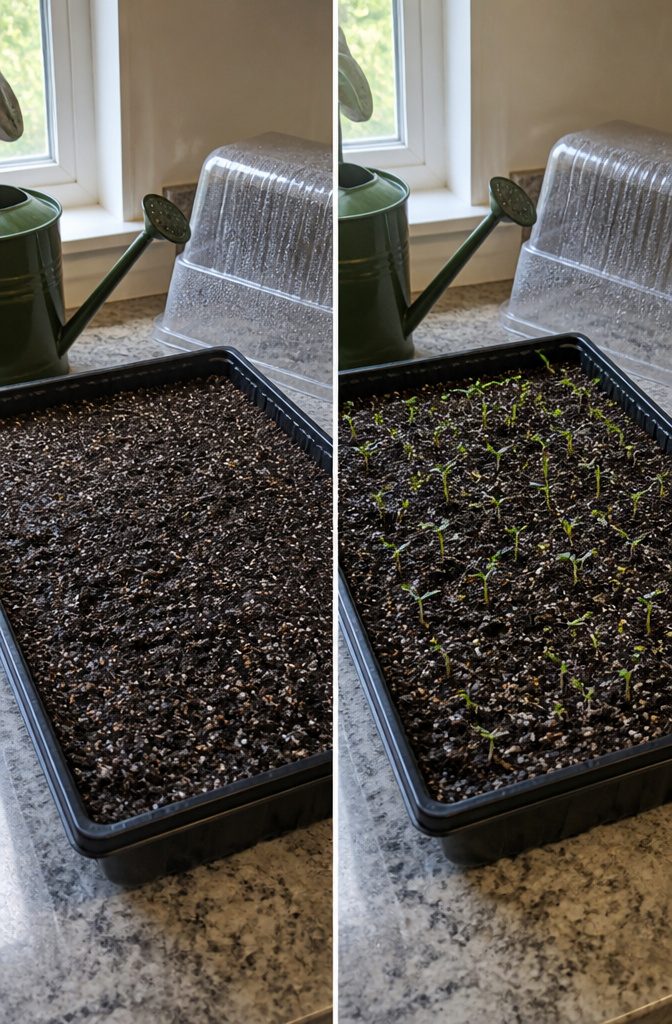 Moistened soil in a seed tray demonstrating proper moisture levels.