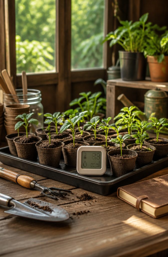 A device measuring temperature and humidity among sprouting seedlings.