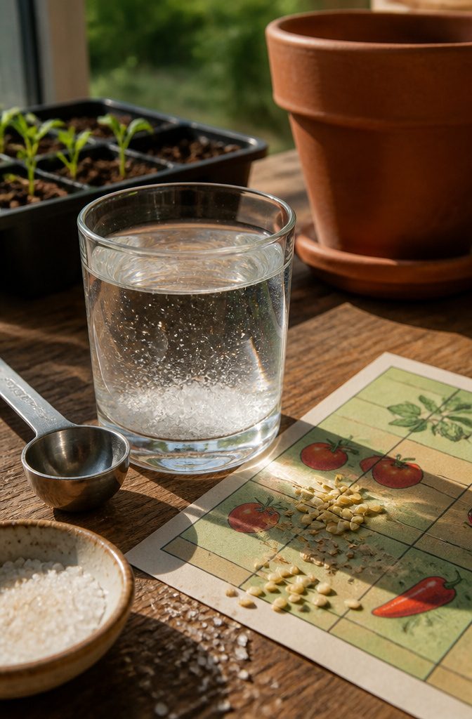 Clear water dissolving Epsom salt next to tomato and pepper seeds.