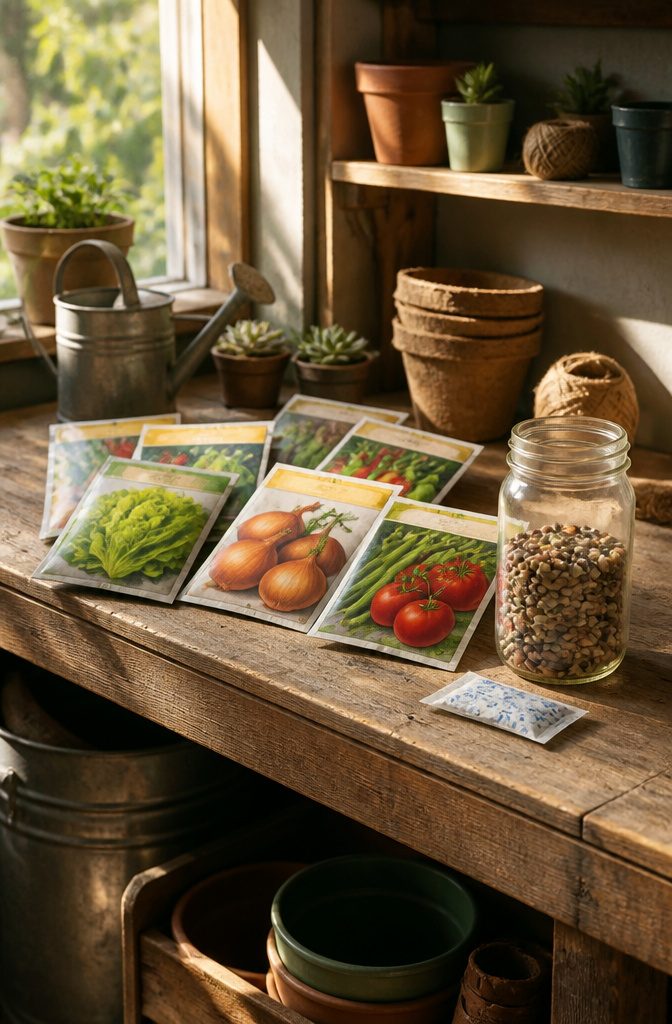 An array of seed packets with visible viability dates on a wooden shelf.