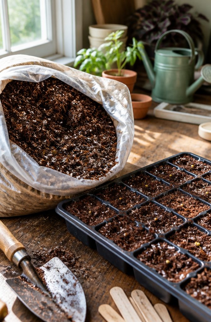 Close-up of a seed starter mix with coconut coir and perlite.