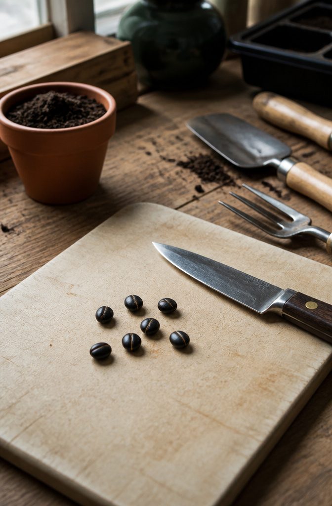 A knife next to morning glory seeds on a cutting board.